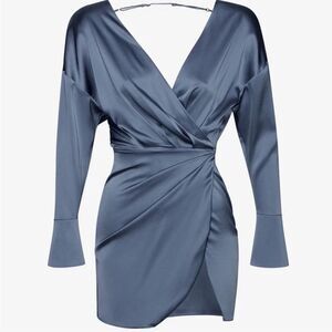 SER.O.YA Silk Alisa Dress Long Sleeve Mini Open Back V Neck Country Blue